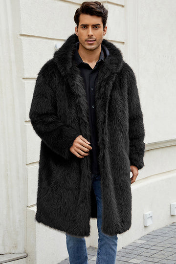 Black Faux Fur Long Warm Winter Men's Coat with Hood